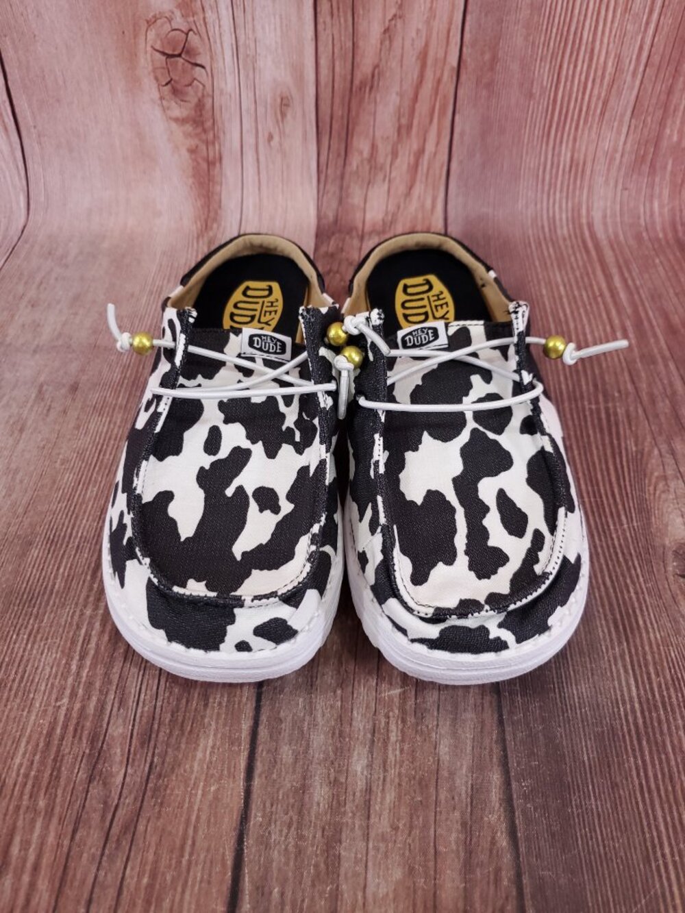 Hey Dude Womens Size 7 Wendy Slip On Classic White Black Cow Print Shoes - Picture 4 of 13